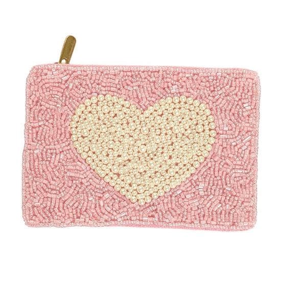 Ladies Heart Themed Fully Beaded Coin Purse