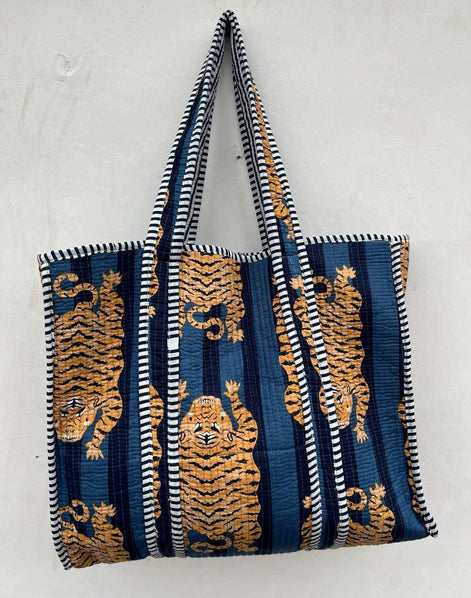 Blue Cotton Quilted Tiger Print Bag Women Shopping Carry Bag