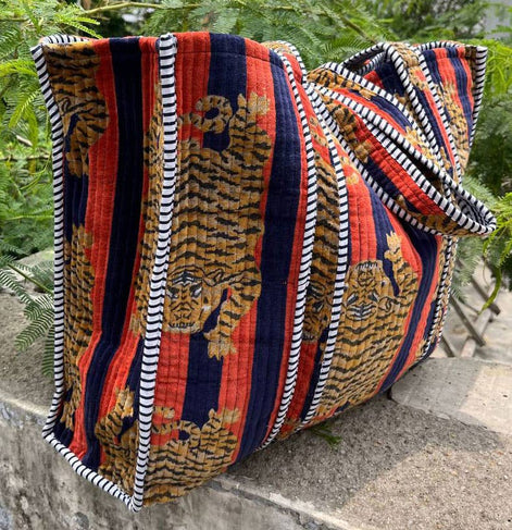 Jaipuri Quilted Velvet Cotton Tiger Printed Bag Grocery Bags