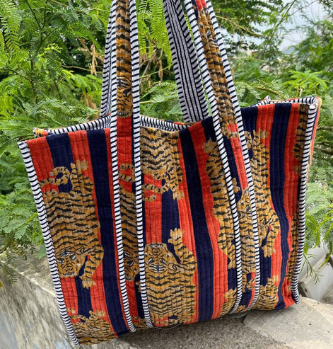 Jaipuri Quilted Velvet Cotton Tiger Printed Bag Grocery Bags