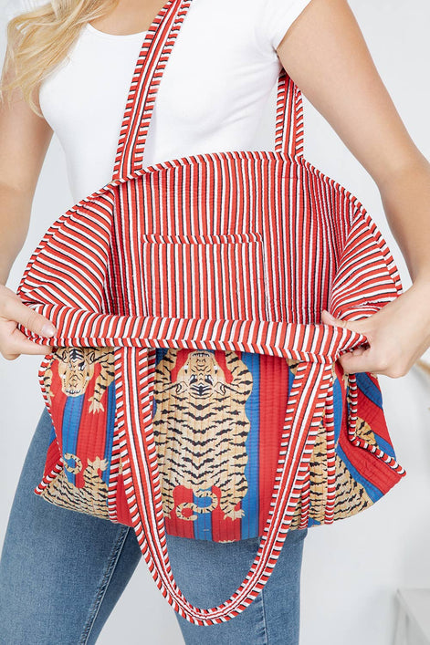 Quilted Cotton Tote Bag - Blue/Red