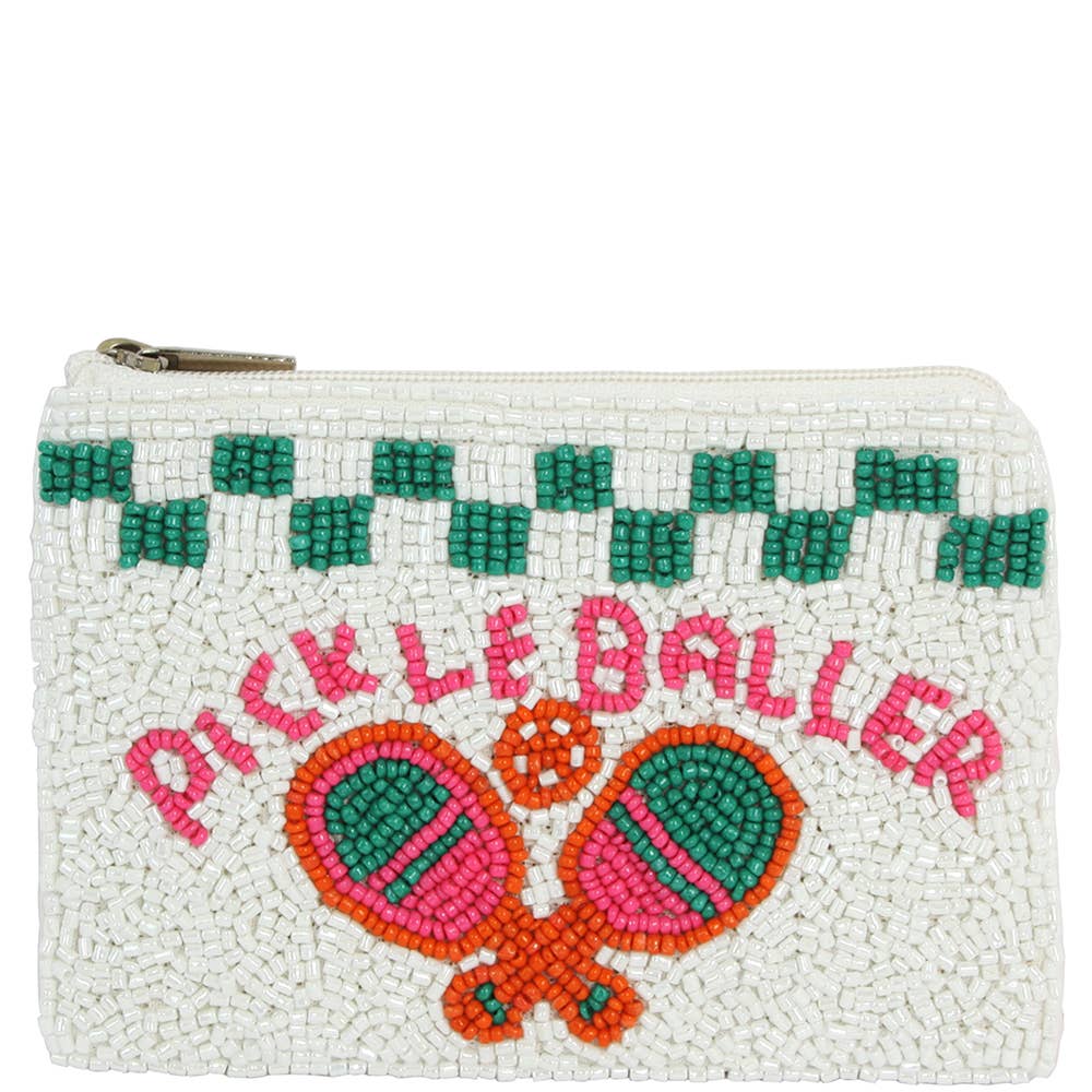 PIckleballer Checkered Beaded Zipper Coin Purse