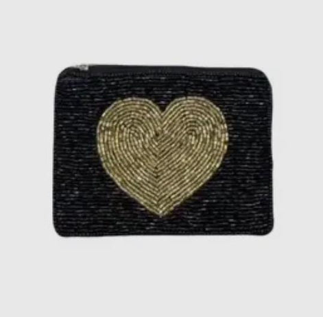 Gold Heart Black Beaded Mini Pouch