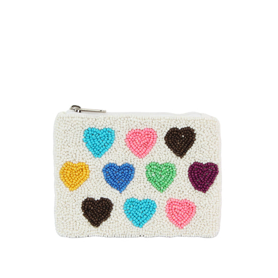 Ladies Fully Beaded White Heart Theme Coin Purse