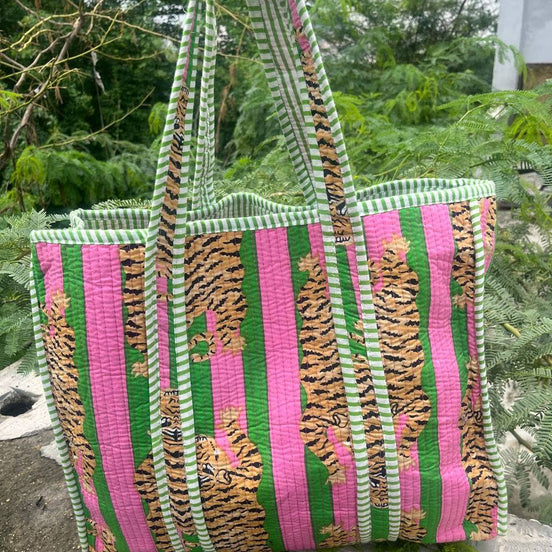 Indian Tiger Printed Cotton Quilted Handbag Women Market Bag