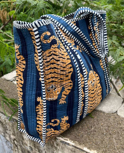 Blue Cotton Quilted Tiger Print Bag Women Shopping Carry Bag