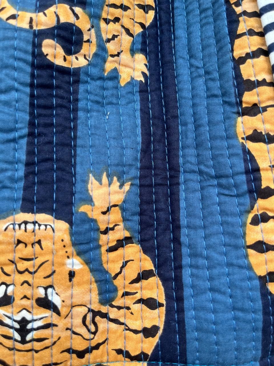 Blue Cotton Quilted Tiger Print Bag Women Shopping Carry Bag