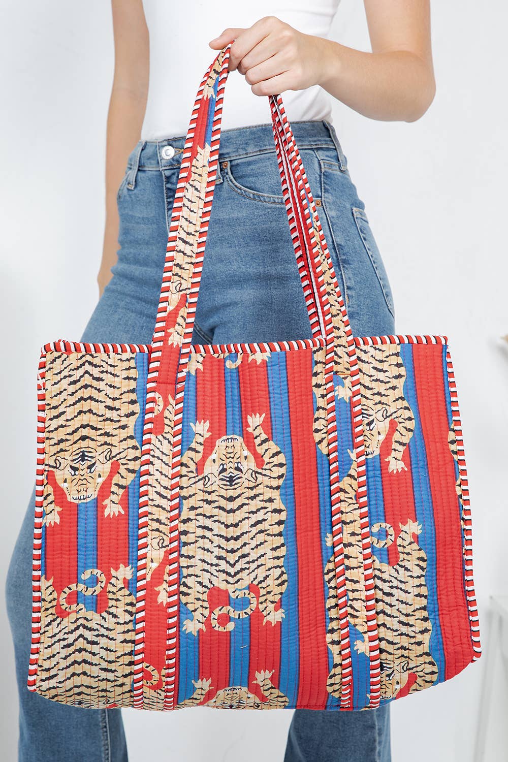 Quilted Cotton Tote Bag - Blue/Red