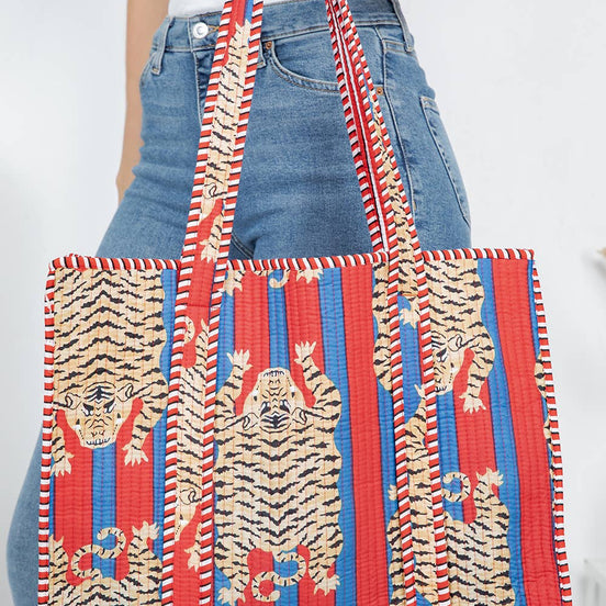 Quilted Cotton Tote Bag - Blue/Red