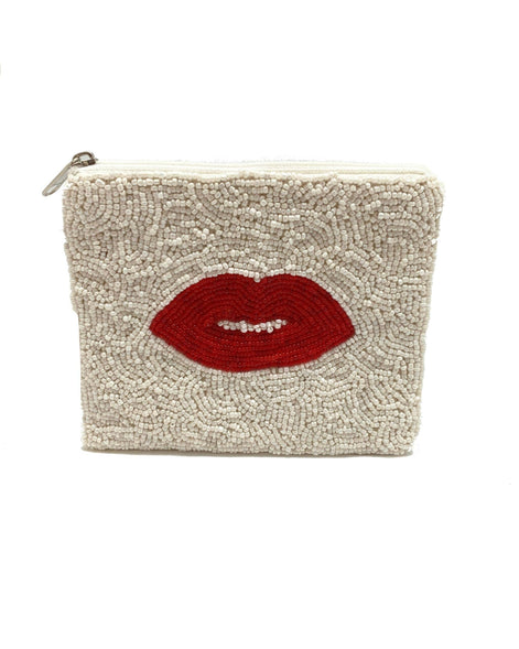 RED LIPS WHITE BEADED POUCH