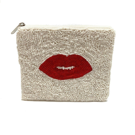 RED LIPS WHITE BEADED POUCH