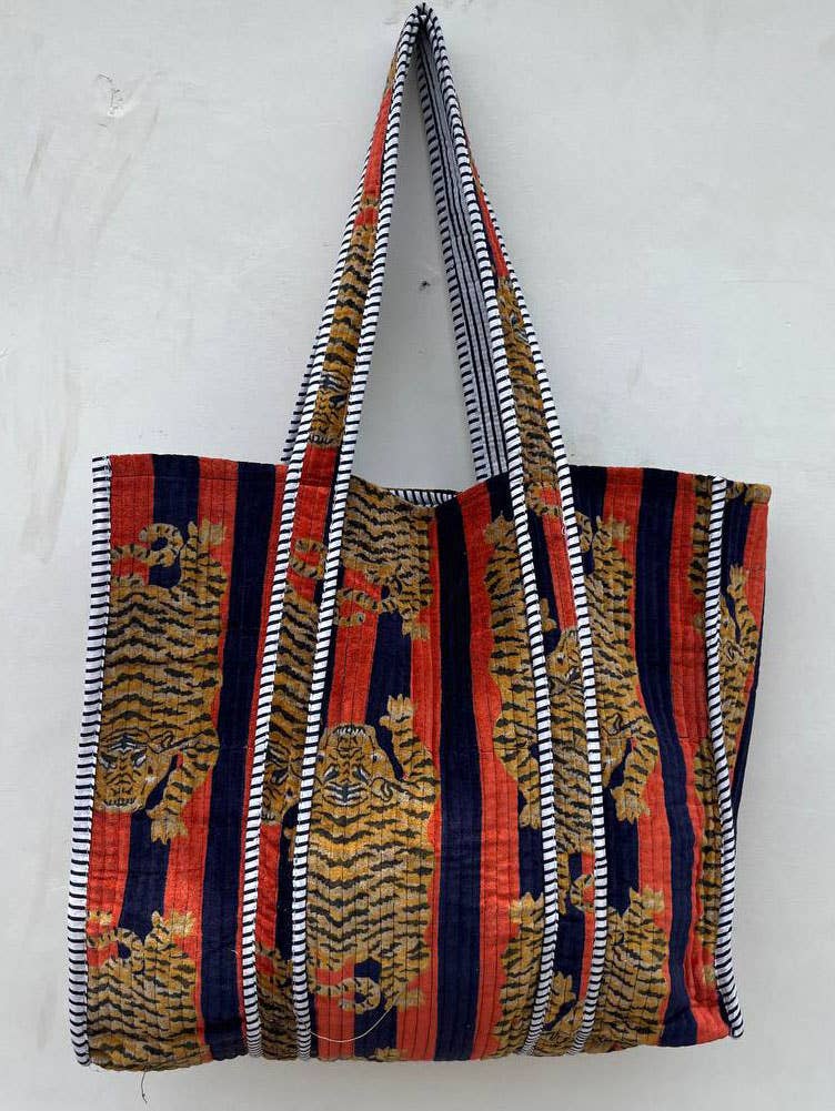 Jaipuri Quilted Velvet Cotton Tiger Printed Bag Grocery Bags