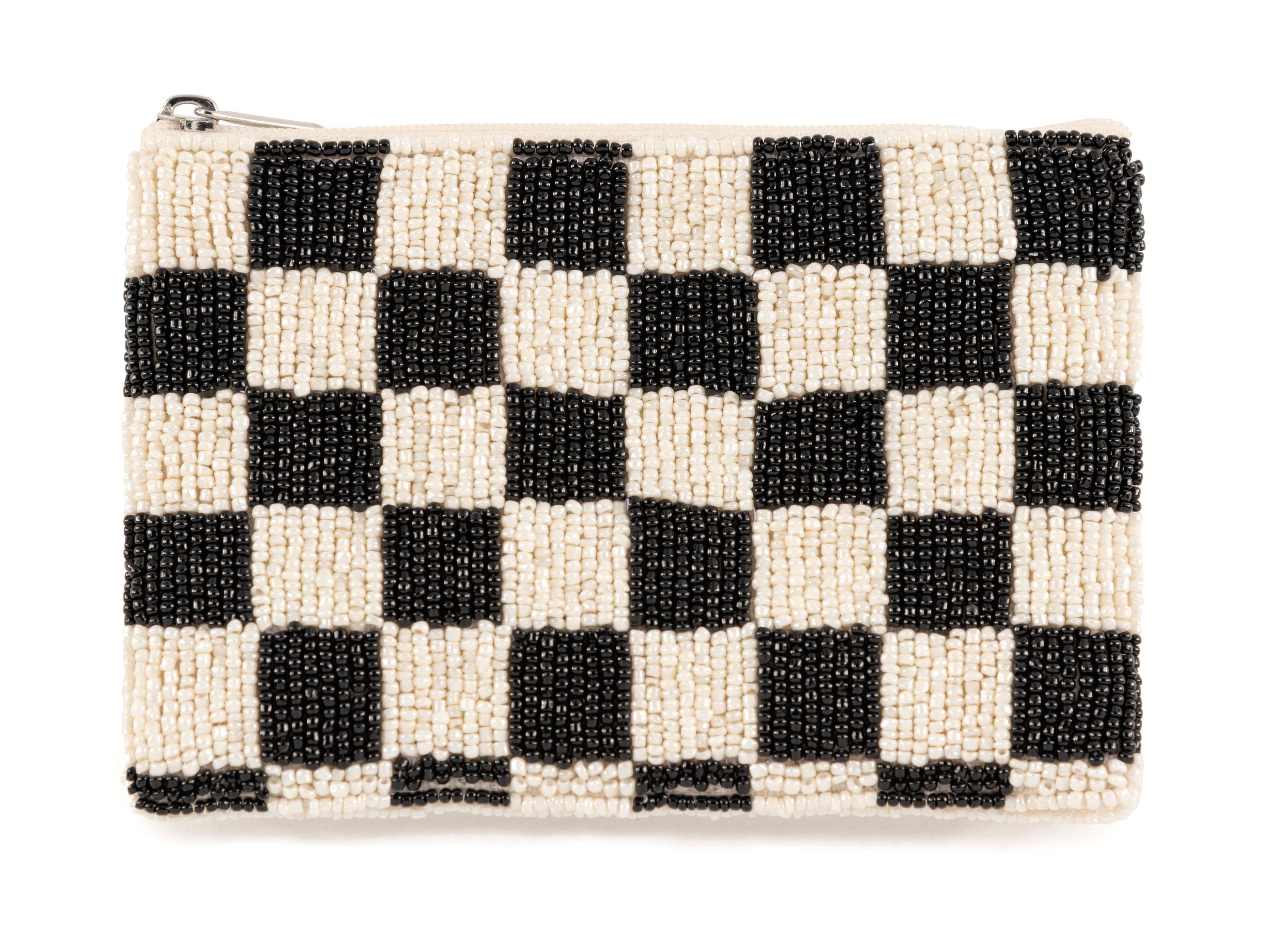 CHECKS BEADED ZIP POUCH