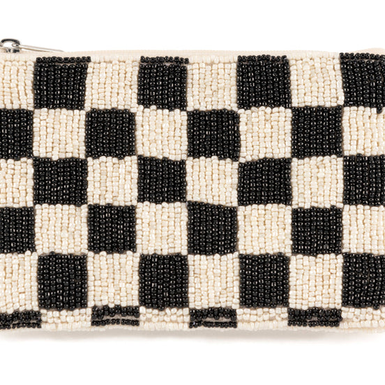 CHECKS BEADED ZIP POUCH