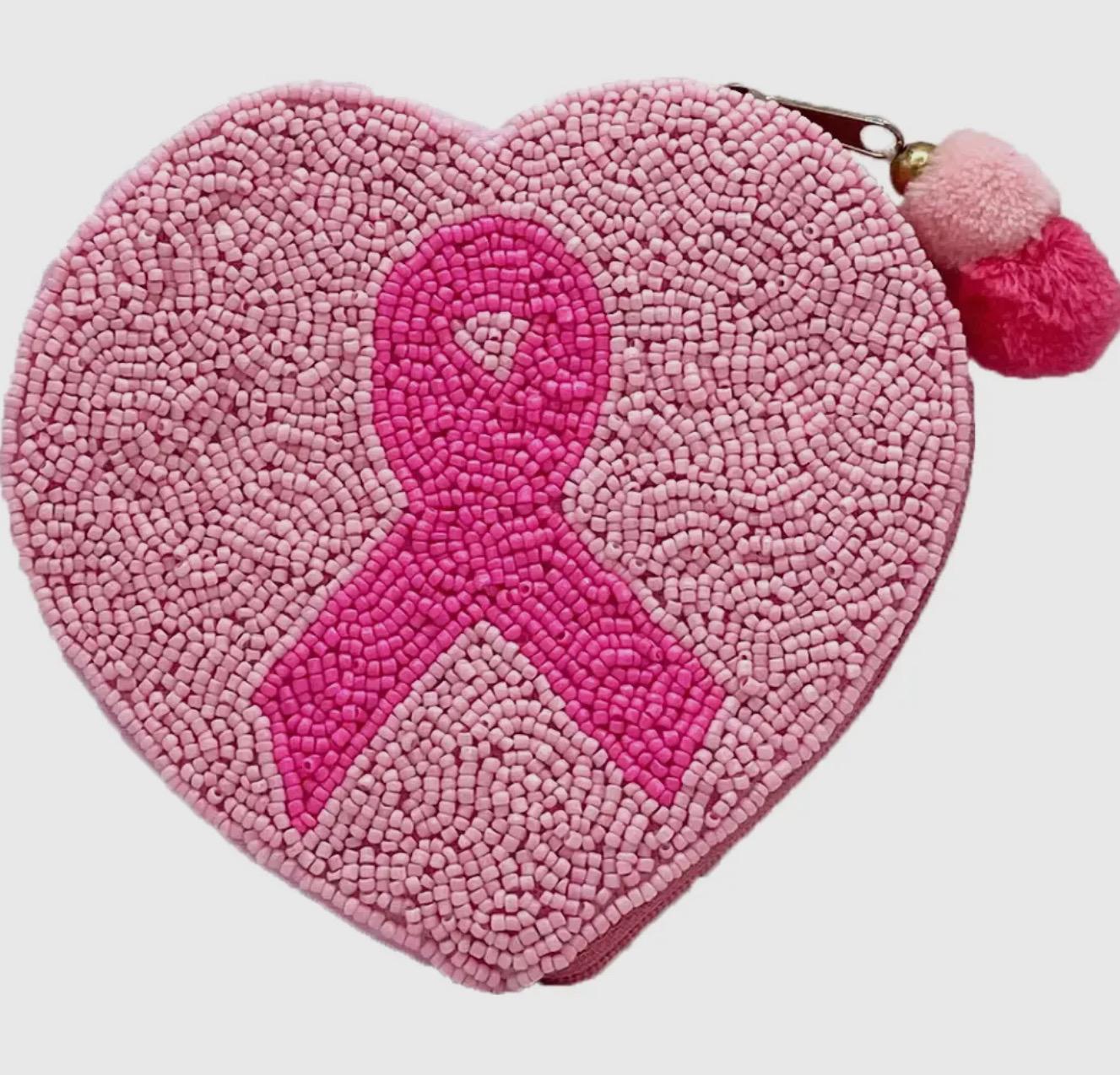 Heart Cancer Ribbon Beaded Pouch