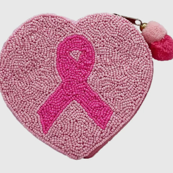 Heart Cancer Ribbon Beaded Pouch
