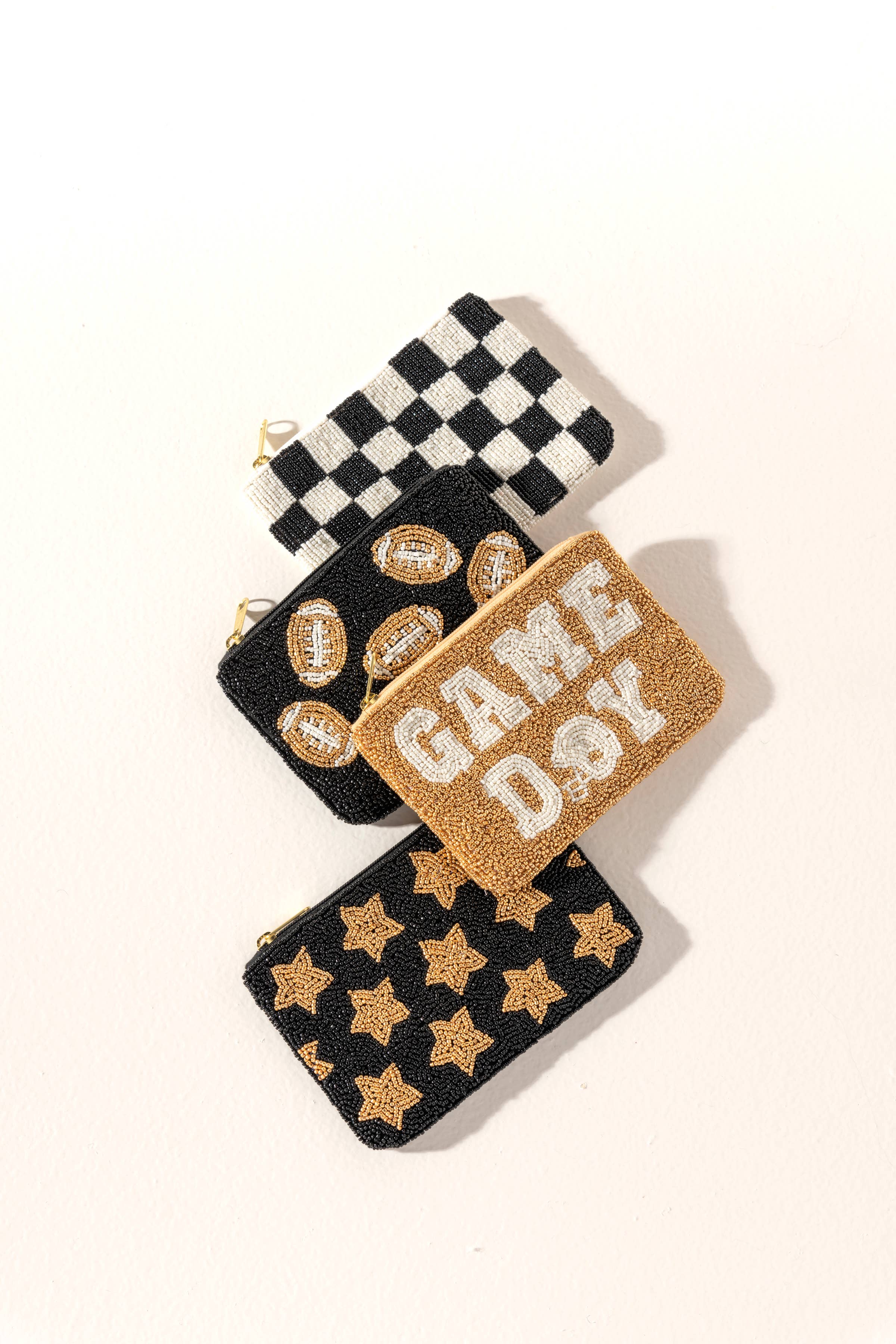 CHECKS BEADED ZIP POUCH