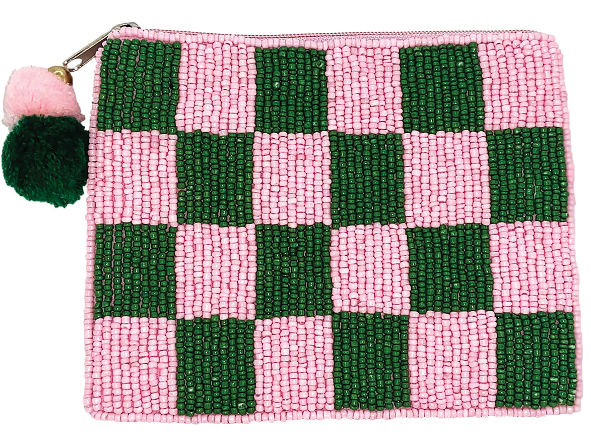 GREEN & PINK CHECKERED BEADED COIN POUCH