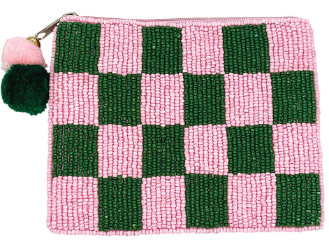 GREEN & PINK CHECKERED BEADED COIN POUCH