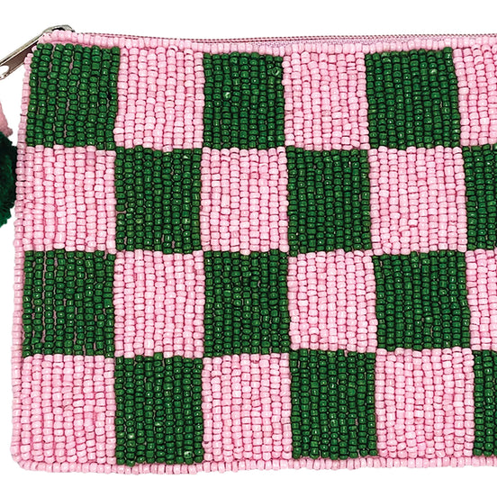 GREEN & PINK CHECKERED BEADED COIN POUCH