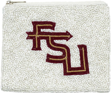 WHITE FSU BEADED POUCH