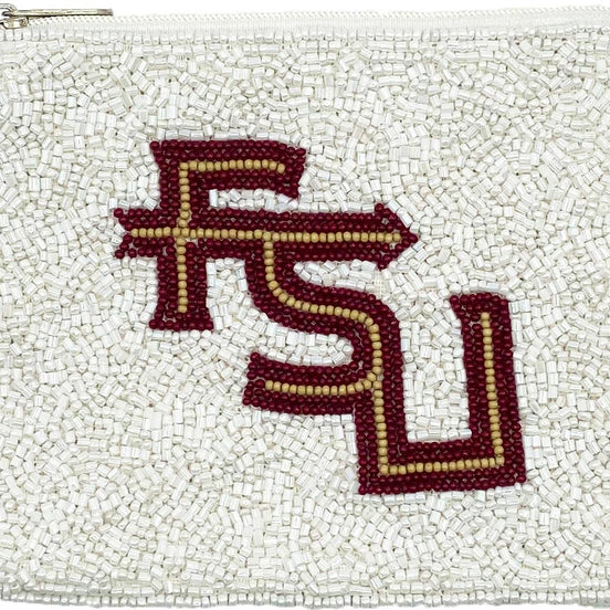 WHITE FSU BEADED POUCH