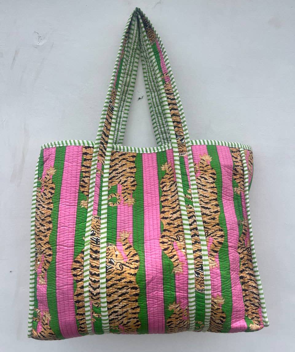 Indian Tiger Printed Cotton Quilted Handbag Women Market Bag
