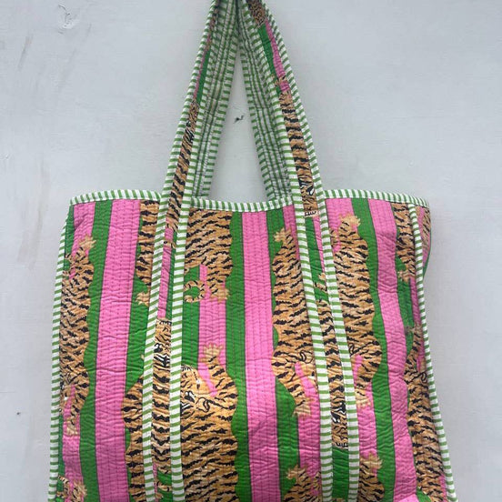 Indian Tiger Printed Cotton Quilted Handbag Women Market Bag