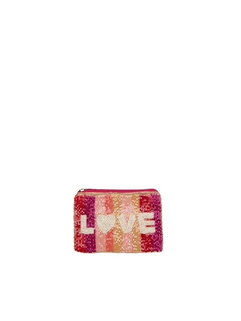 PINK STRIPED LOVE BEADED MINI POUCH