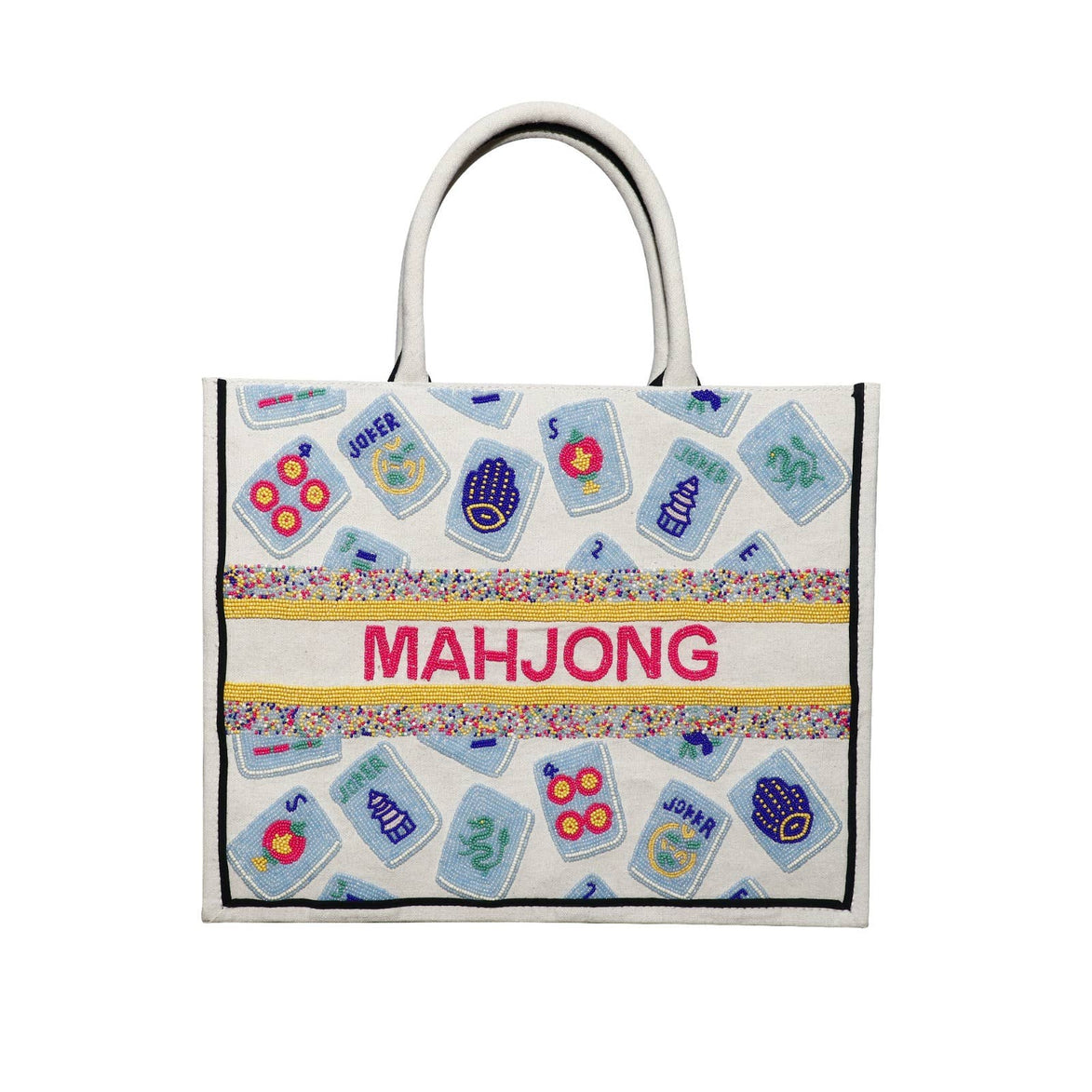 Beaded Mahjong Tote (Ivory/Multi/Fuchsia)