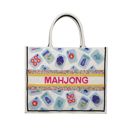 Beaded Mahjong Tote (Ivory/Multi/Fuchsia)