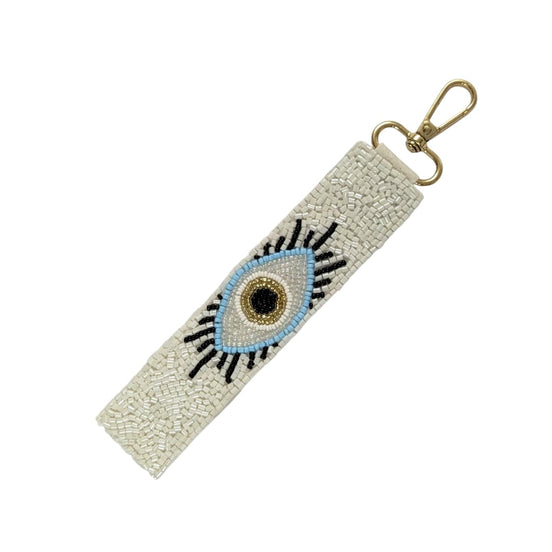 White Evil Eye Themed Beaded Wristlet Key Chain