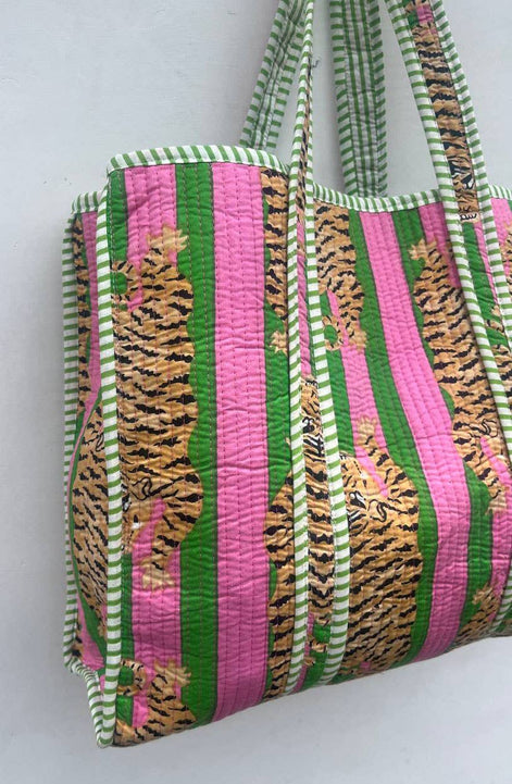 Indian Tiger Printed Cotton Quilted Handbag Women Market Bag