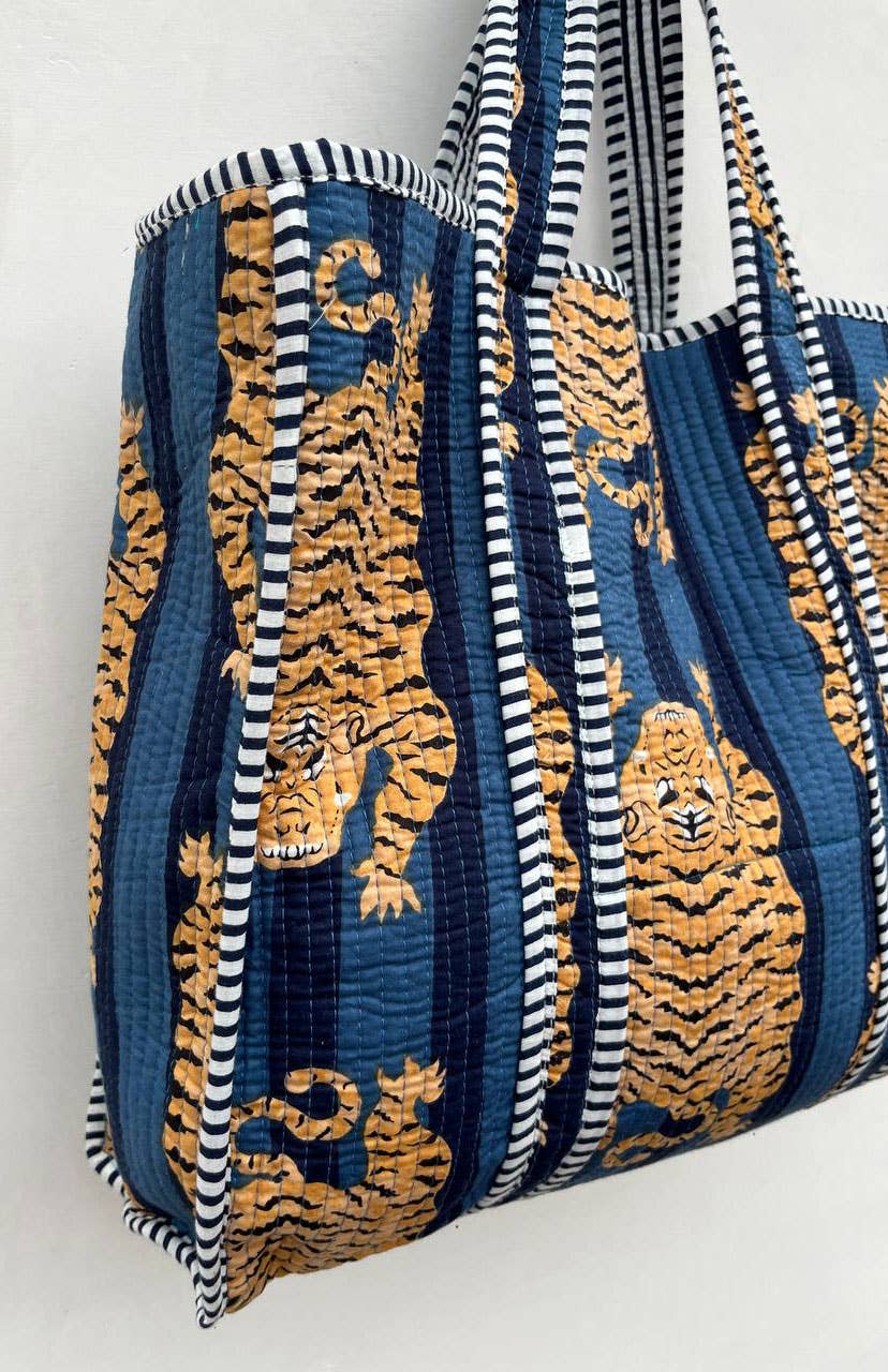 Blue Cotton Quilted Tiger Print Bag Women Shopping Carry Bag