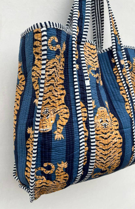 Blue Cotton Quilted Tiger Print Bag Women Shopping Carry Bag