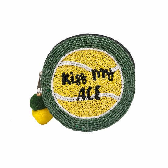 KISS MY ACE TENNIS BALL BEADED COIN POUCH