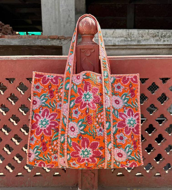Orange Cotton Floral Printed Quilted Market Bag Shopping Bag