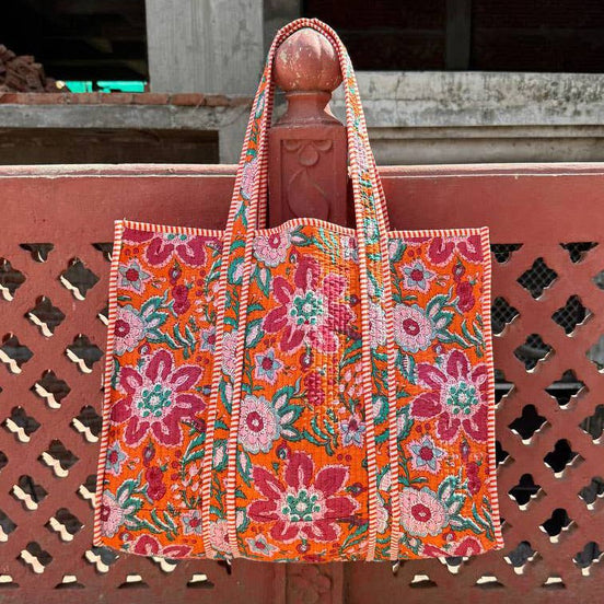 Orange Cotton Floral Printed Quilted Market Bag Shopping Bag