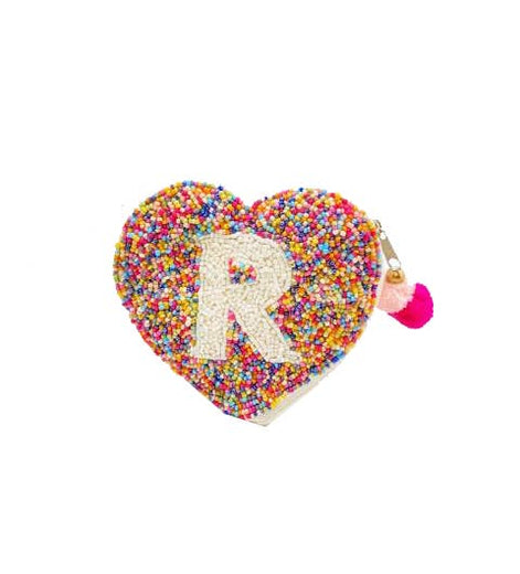 "R" MULTI HEART INITIAL BEADED POUCH