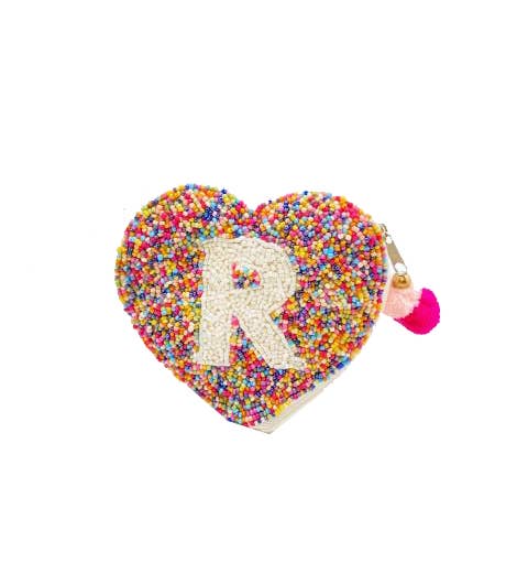 "R" MULTI HEART INITIAL BEADED POUCH