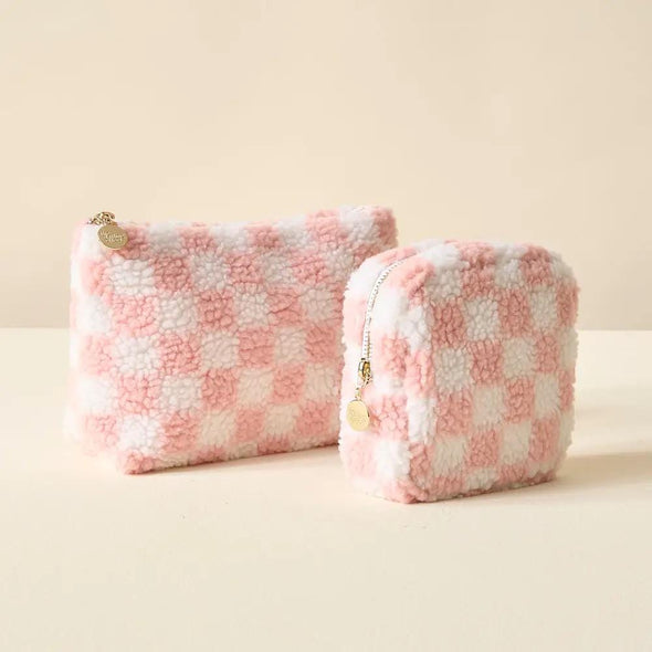 Pink Checkered Teddy Pouch