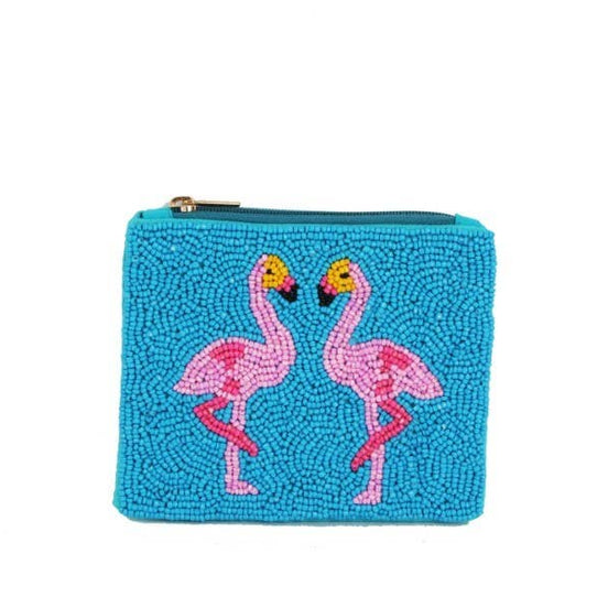 Ladies Fully Beaded Blue Flamingo Theme Coin Purse