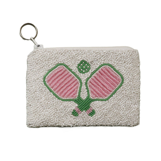 Pink Paddles Pickleball Beaded Coin Purse