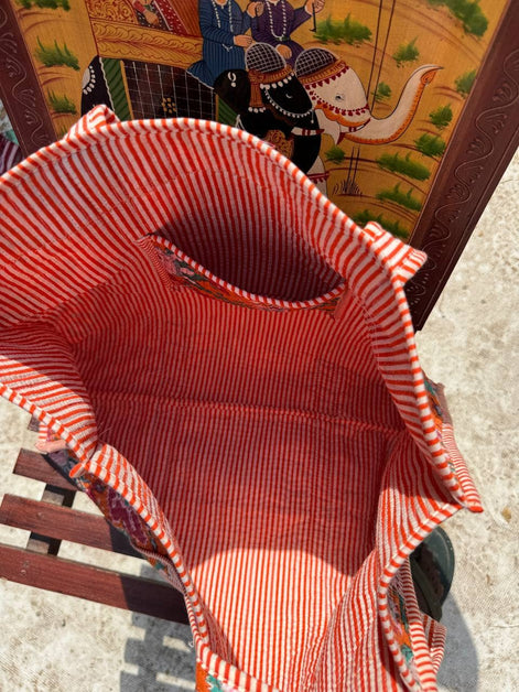 Orange Cotton Floral Printed Quilted Market Bag Shopping Bag