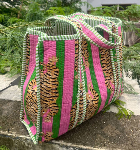 Indian Tiger Printed Cotton Quilted Handbag Women Market Bag