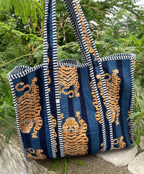 Blue Cotton Quilted Tiger Print Bag Women Shopping Carry Bag