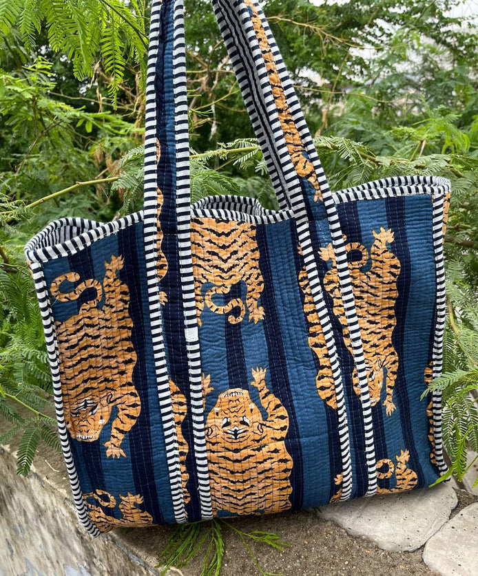 Blue Cotton Quilted Tiger Print Bag Women Shopping Carry Bag