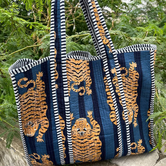 Blue Cotton Quilted Tiger Print Bag Women Shopping Carry Bag