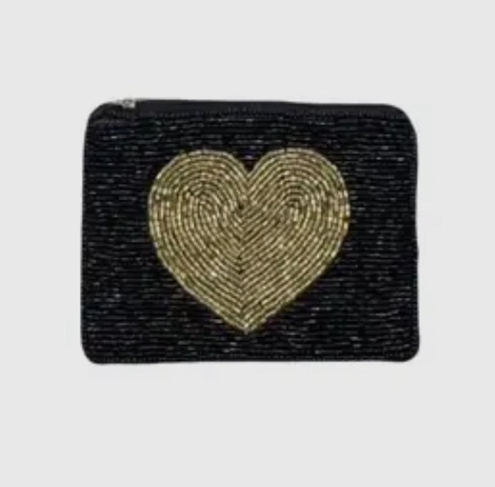 Gold Heart Black Beaded Mini Pouch