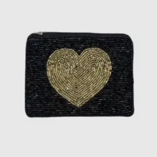 Gold Heart Black Beaded Mini Pouch